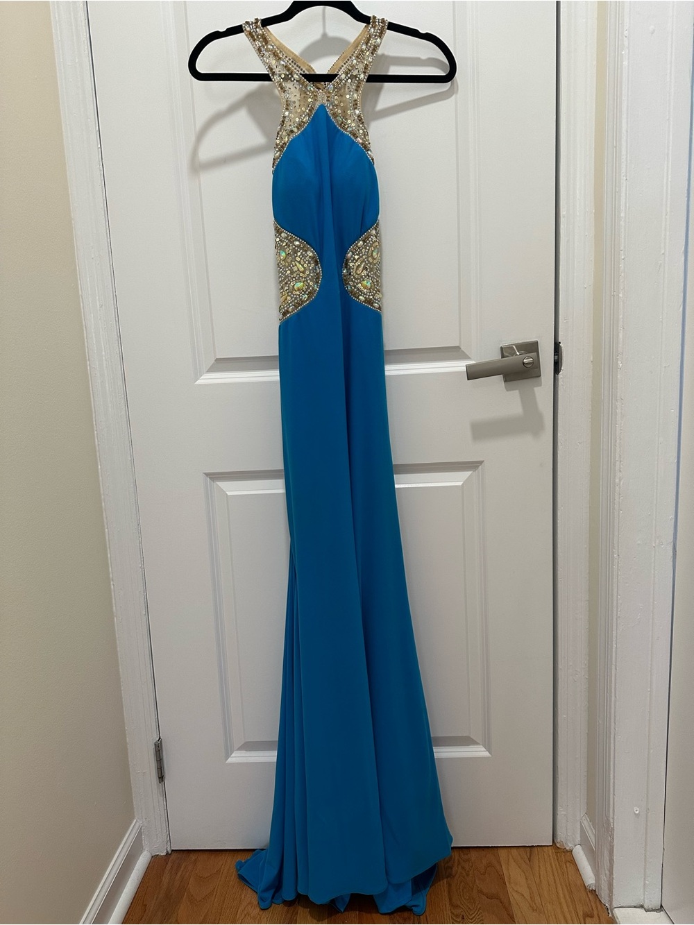 Camille La Vie Turquoise Blue Prom Dress with Gold Beaded Accents